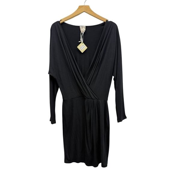 Haute Hippie V Neck Gathered Waist Faux Wrap Jersey Dress Black size Small NWT - Picture 2 of 6